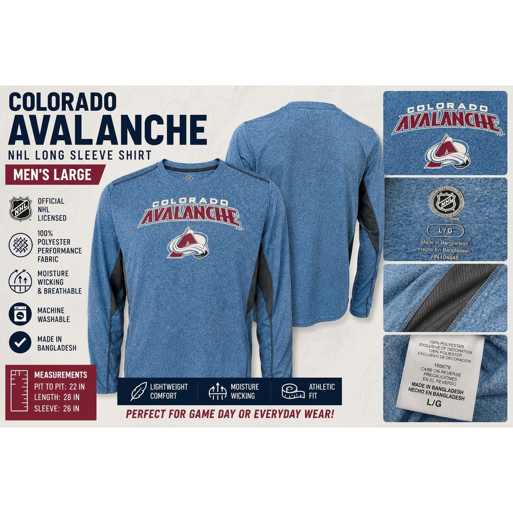 NHL Colorado Avalanche Mens Large Blue Heather Long Sleeve Performance Shirt L/G